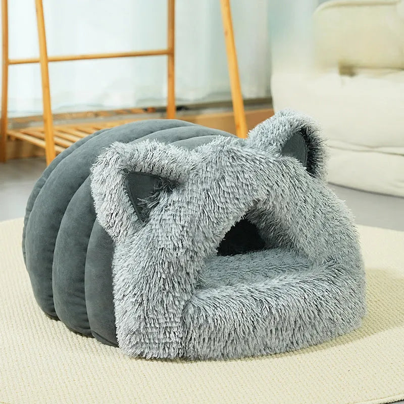 Plush cat ear pet bed in blue with thick padding and large collar design