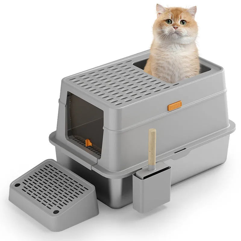 Grey ABS plastic enclosed cat toilet with pedal entry system