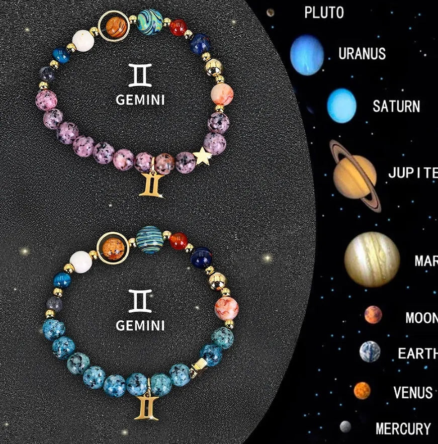 Two natural stone beaded bracelets with different zodiac sign designs laid flat.