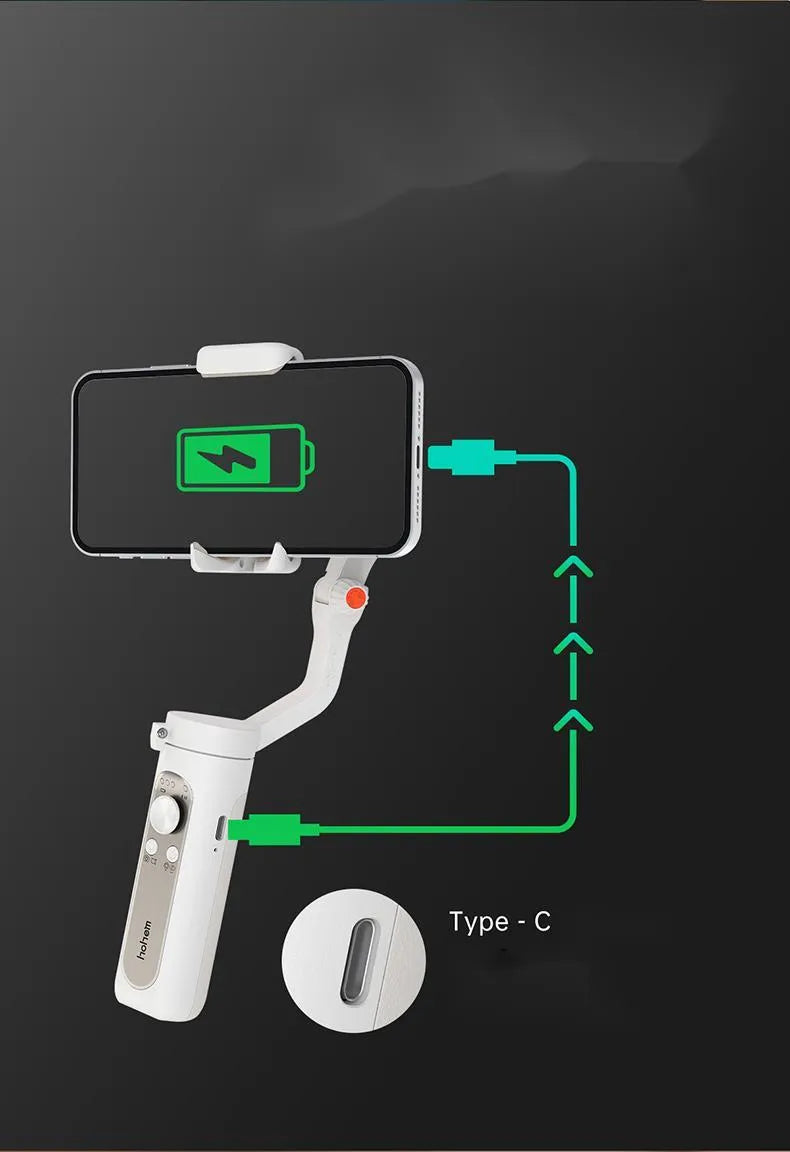 Black 3-axis smartphone stabilizer folded to 179mm size with USB port visible