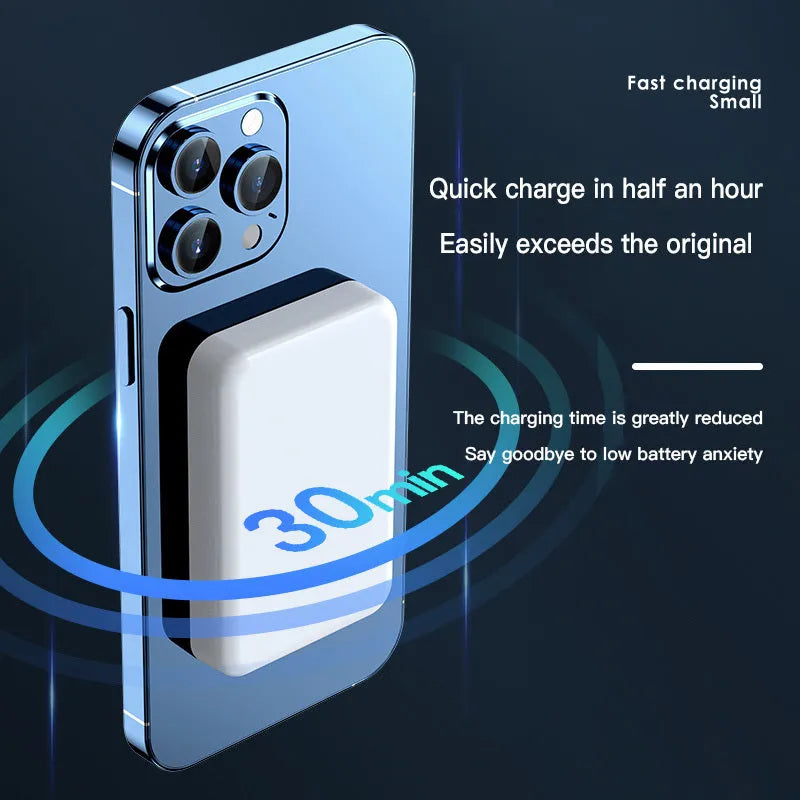 Pink wireless magnetic power bank showing dimensions and 20000mAh capacity label