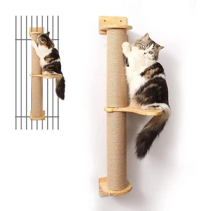 Wooden wall-mounted cat climbing frame with jumping platform and wrapped scratching posts