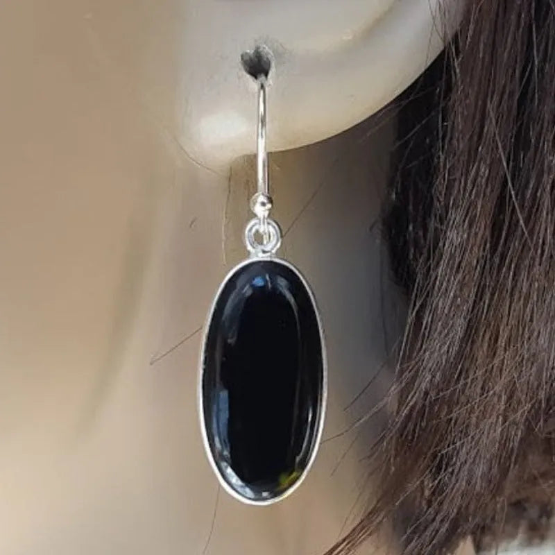 Women's geometric earrings with oval black agate pendants and 925 silver electroplated alloy construction
