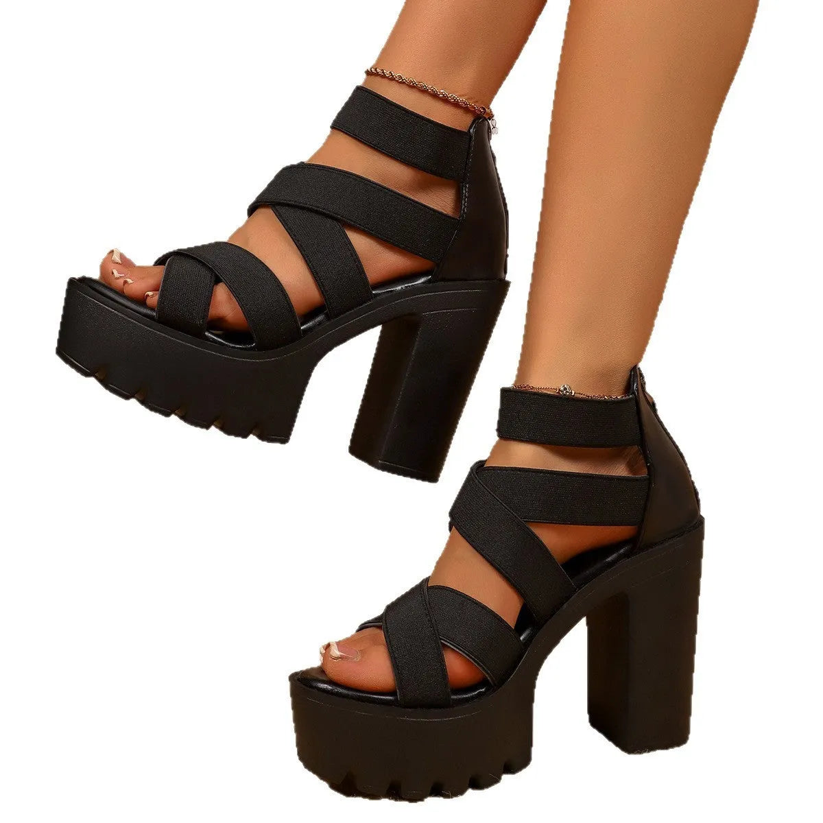 Women's black PU open toe platform high heel sandals with elastic band