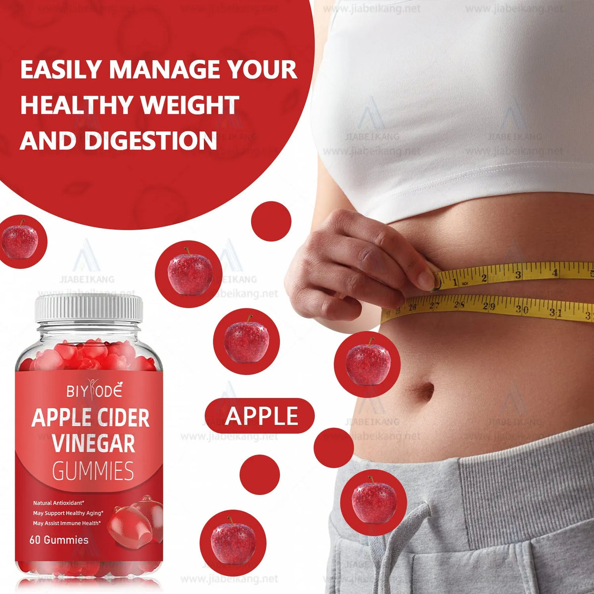 Bottle of Biyode apple cider vinegar gummies with 60 gummies per bottle, vegan and gluten-free