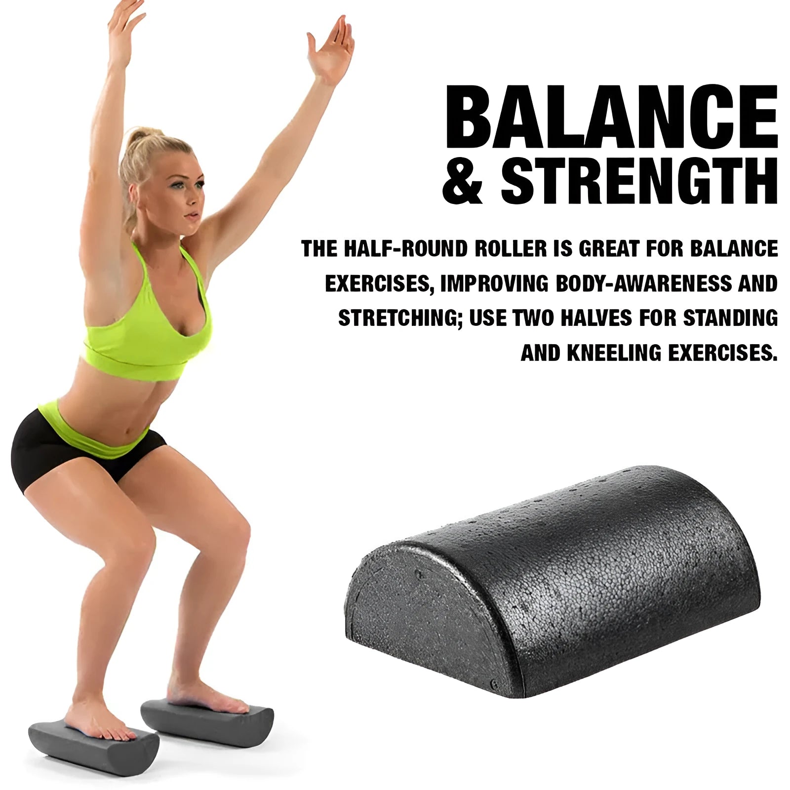Black semi-circular EPP foam yoga roller 30cm on floor for muscle massage and stretching