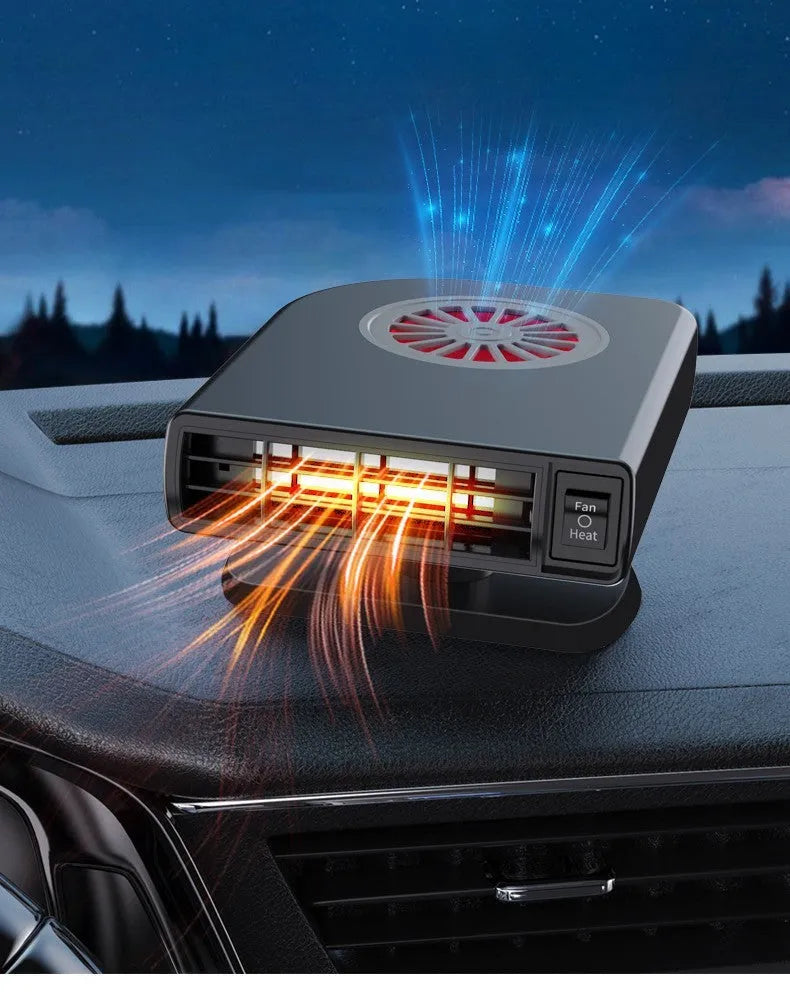Black 12V vehicle-mounted heater for car defrosting on a dashboard.