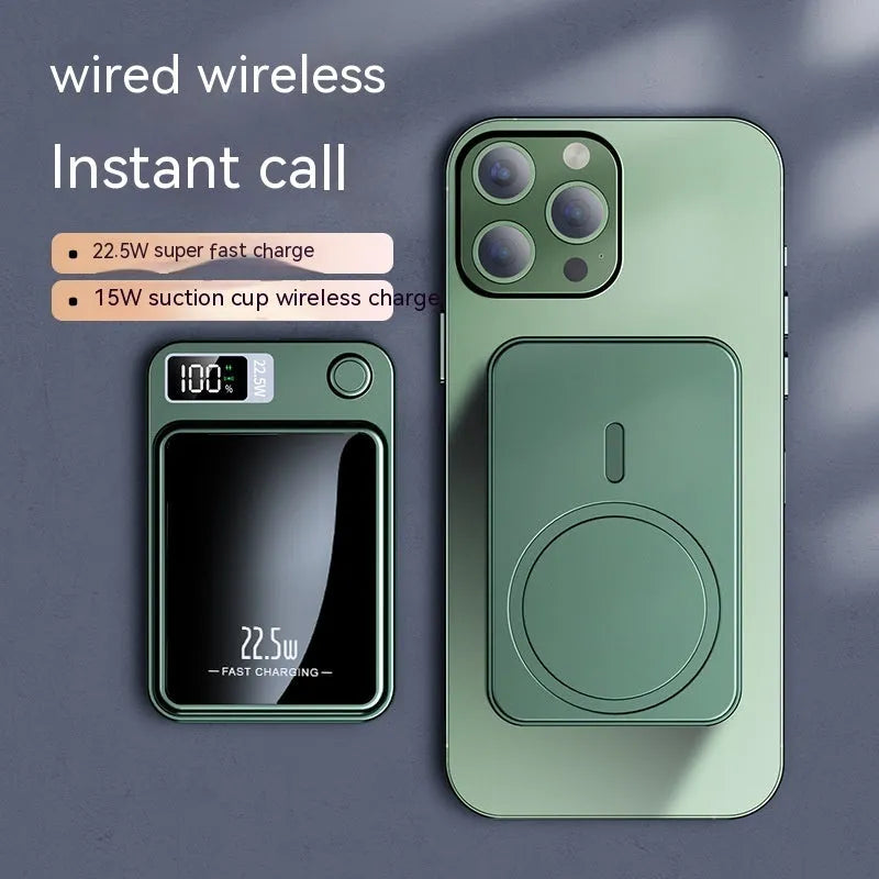 Wireless MagSafe power bank in four colours with compact dimensions and industrial design