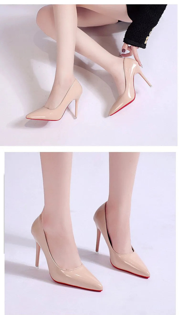 Women's black stiletto heel pump with pointed toe and shallow cut on a white background.