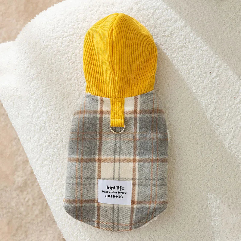 Blue corduroy dog hoodie with a chessboard grid pattern and hooded vest design