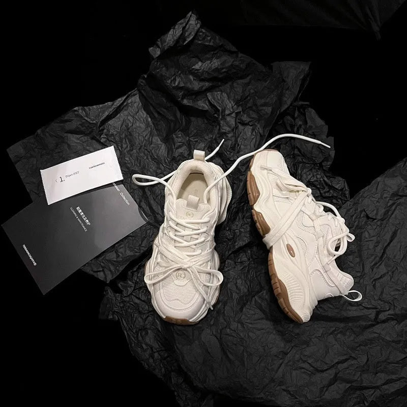 Women's milky white beige platform sneakers with dad shoe silhouette and round toe