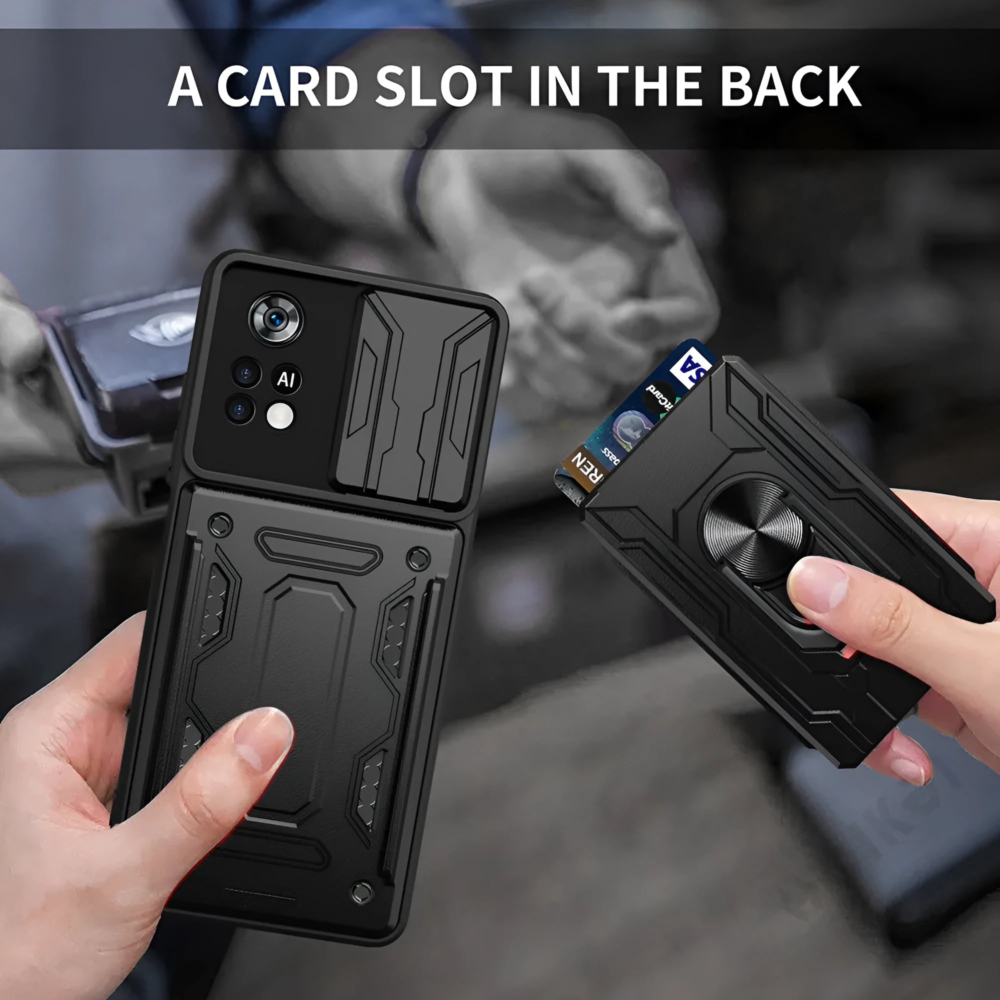 Multi-function card phone case with TPU and PC layers for Xiaomi Redmi POCO, solid colour, black