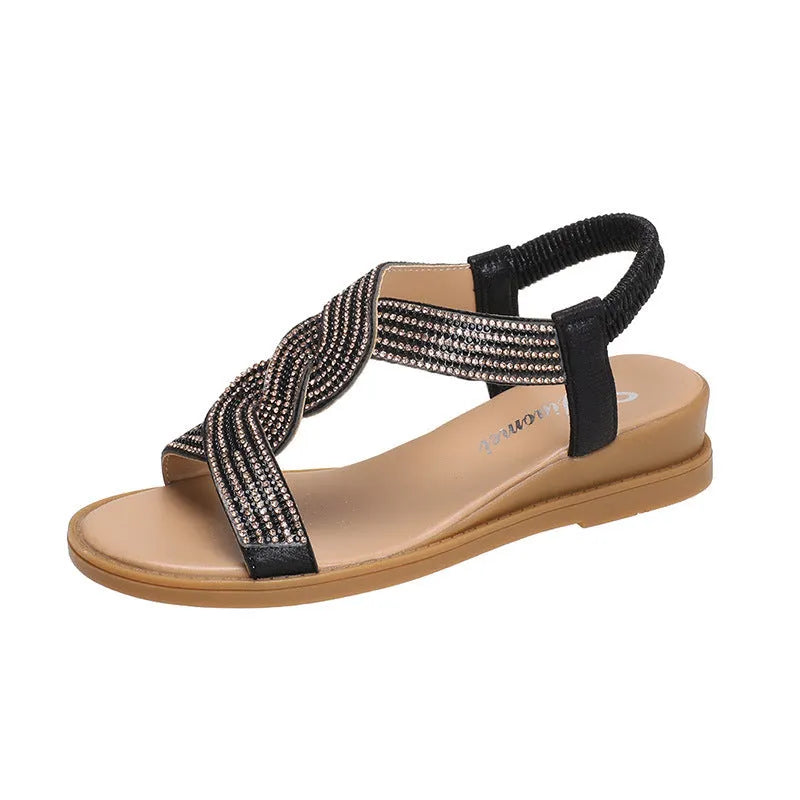 Women's fairy Roman sandals in gold with rhinestone decoration, fish mouth toe, and elastic band