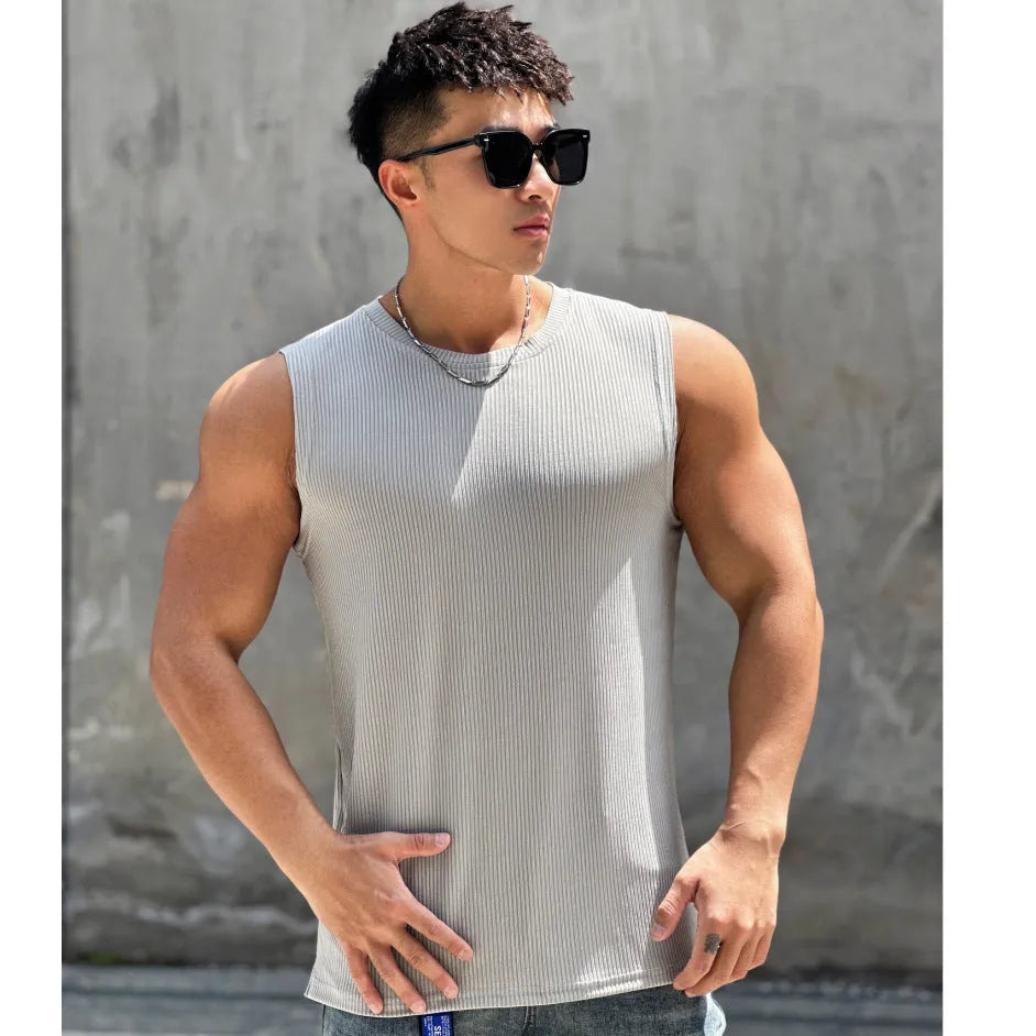 Men's quick-dry sleeveless round-neck workout vest in sky blue, polyester blend for basketball and running