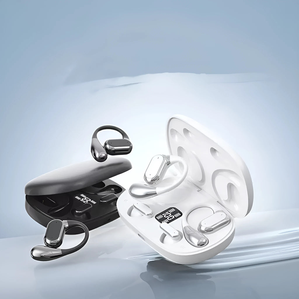 Ear-mounted sports Bluetooth headset in black with digital display, PC ABS body, 4-8 hour battery life.