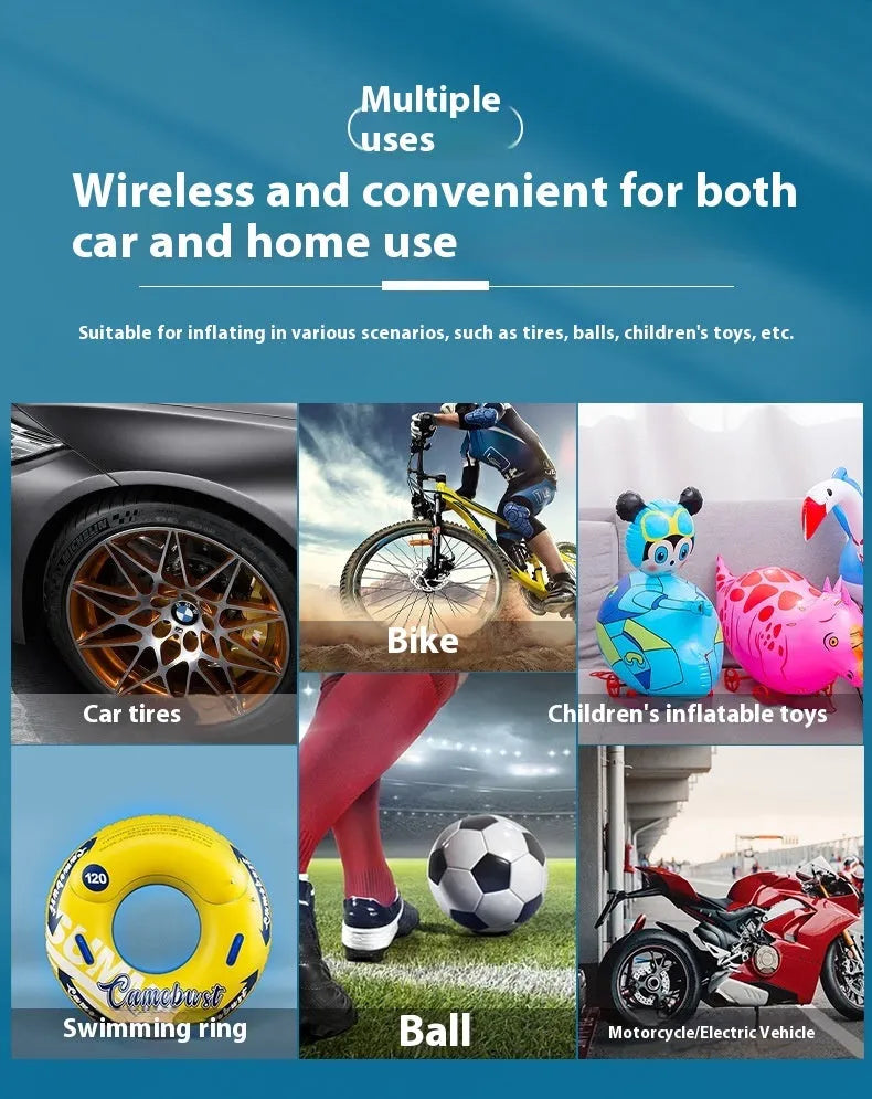 Handheld wireless tyre pump with digital display, air hose, USB cable, and LED flashlight.