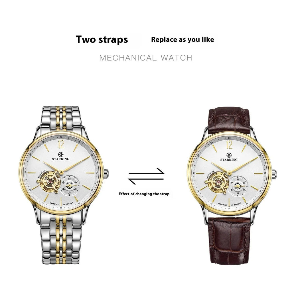 Men's automatic mechanical watch with brown leather strap and white dial on stainless steel case.