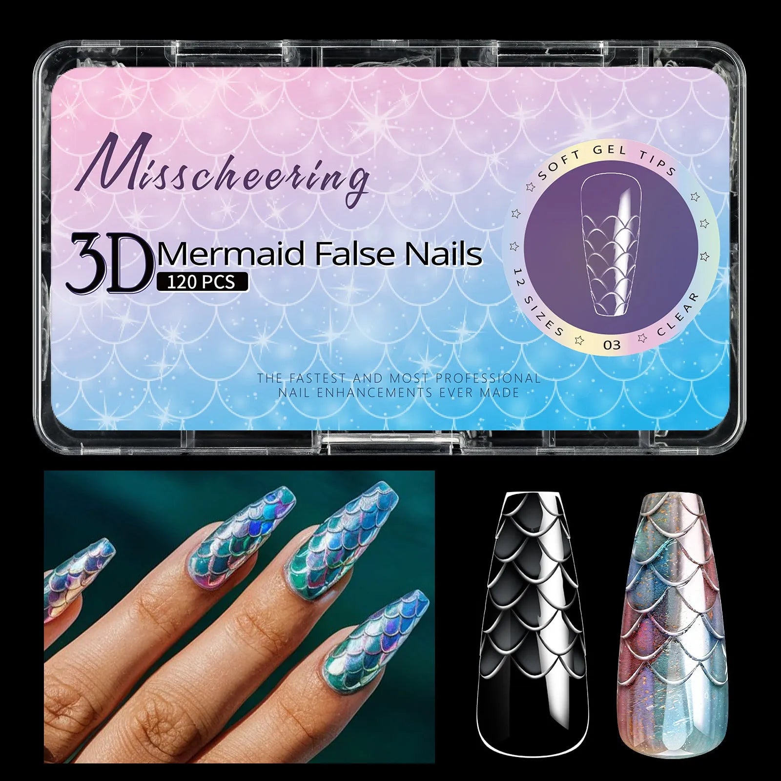 Box of 3D scale long shaping artificial nail tips for stiletto and coffin nail art designs.