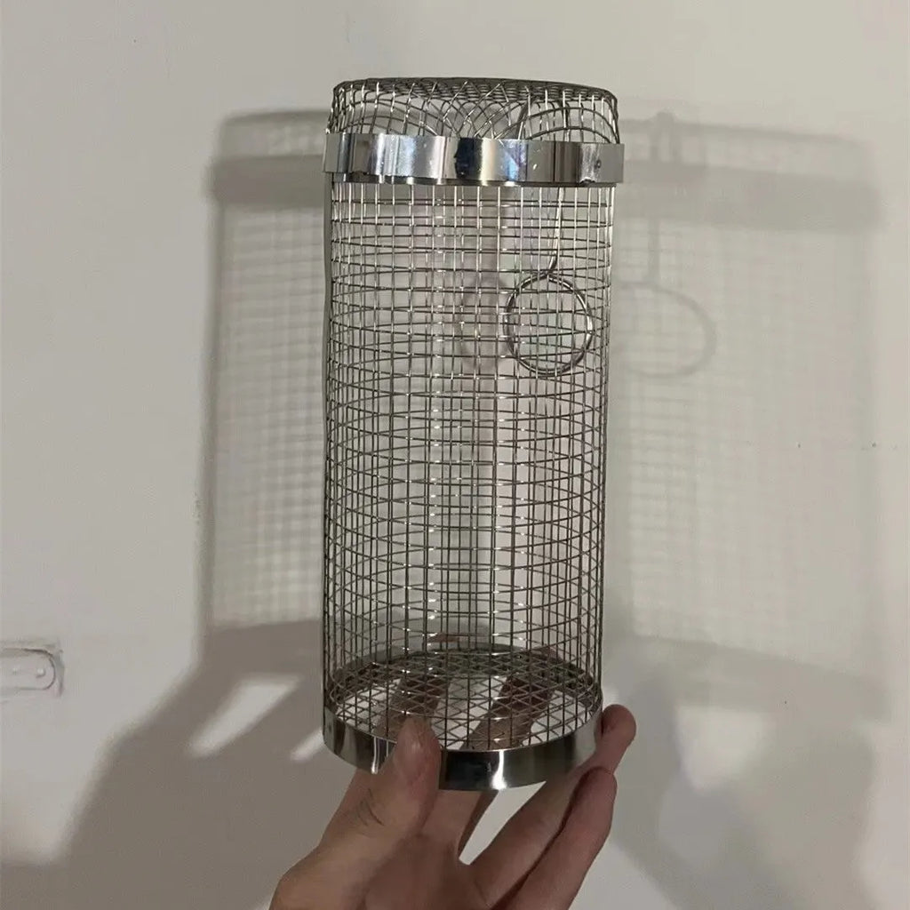 Cylindrical iron wire rolling barbecue grilling basket with a metal hook.