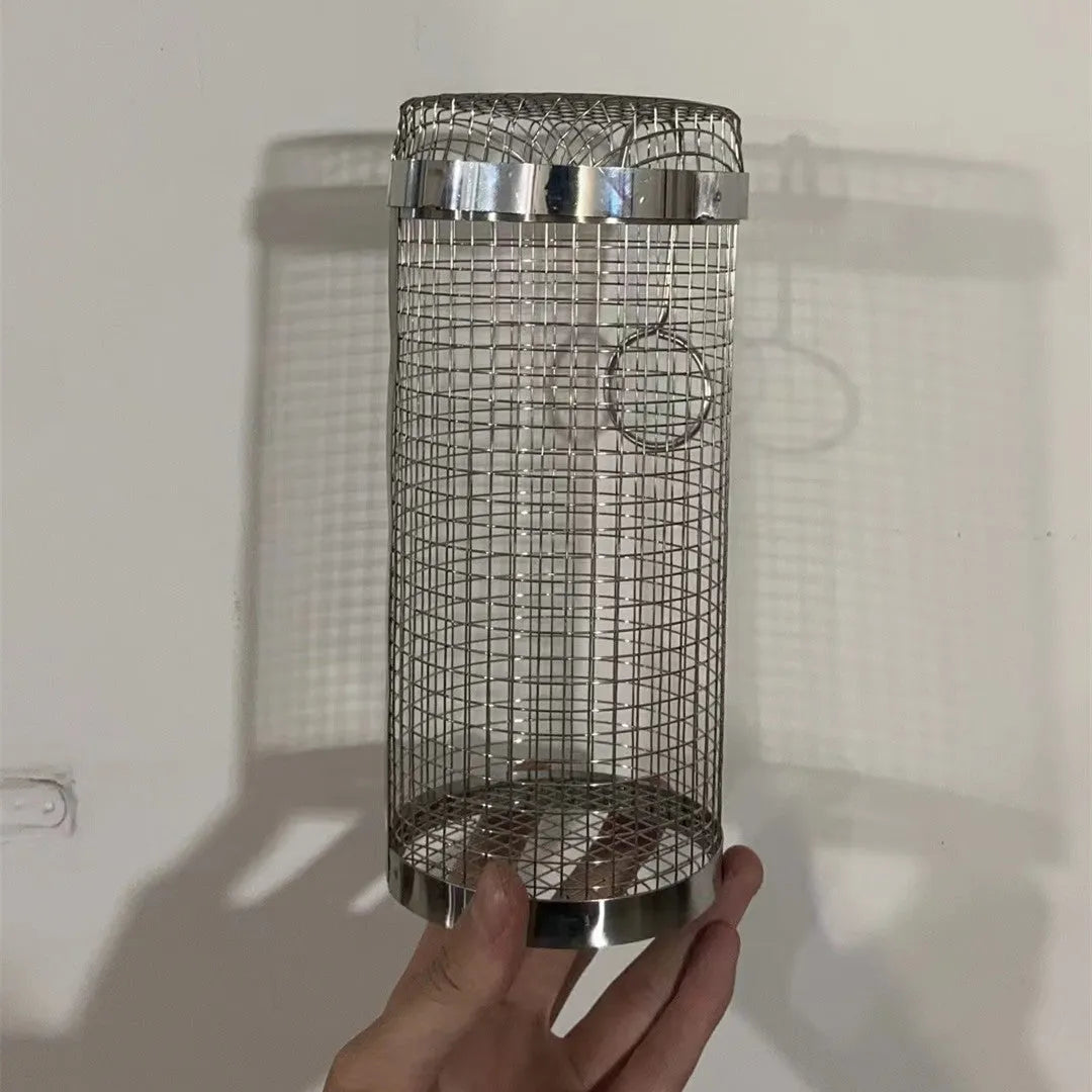 Cylindrical iron wire rolling barbecue grilling basket with a metal hook.
