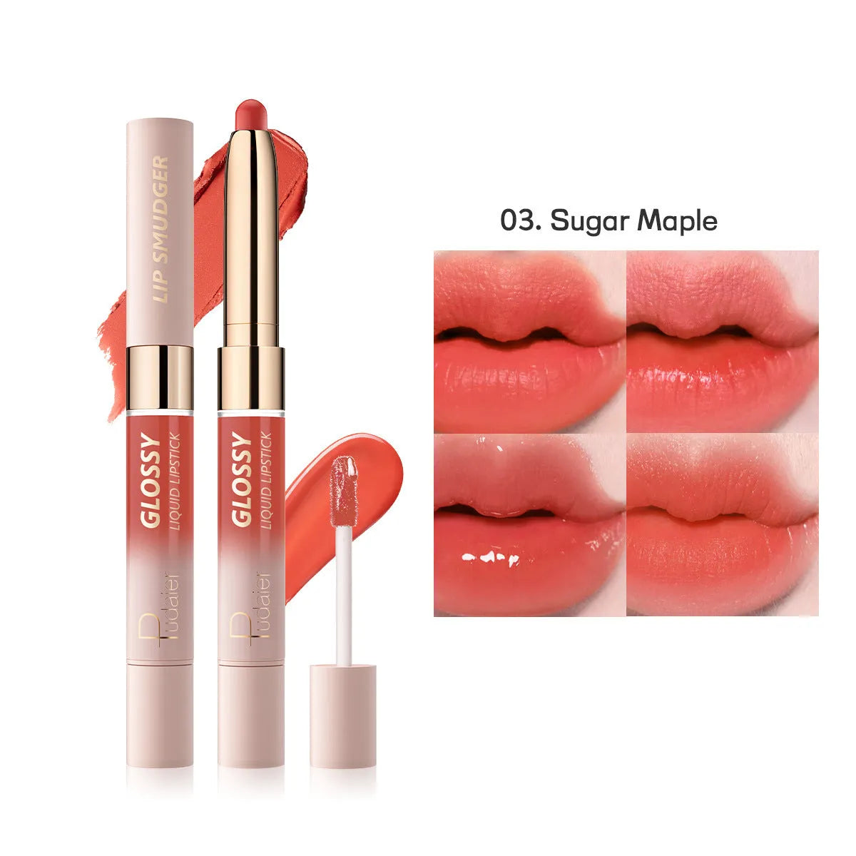 Double-headed lipstick and lip gloss in matte finish showing ten colour options 01 through 10