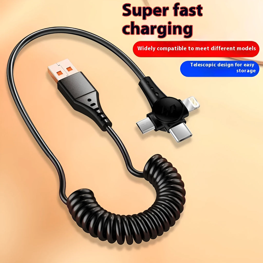 Black telescopic spring data cable with 3-in-1 connector showing Type-C, Micro USB and Lightning ports