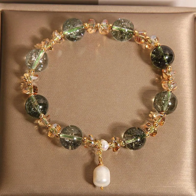 Women's natural chorite crystal bracelet with green phantom quartz beads in Japanese Korean minimalist style