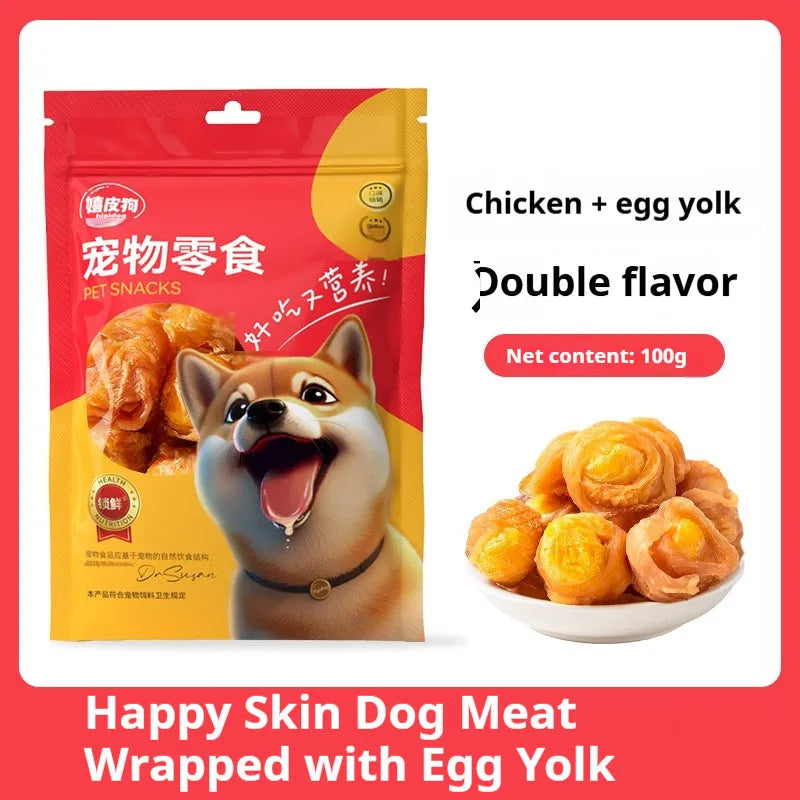 Dog snack egg yolk chicken duck meat small molar training reward food piece on surface