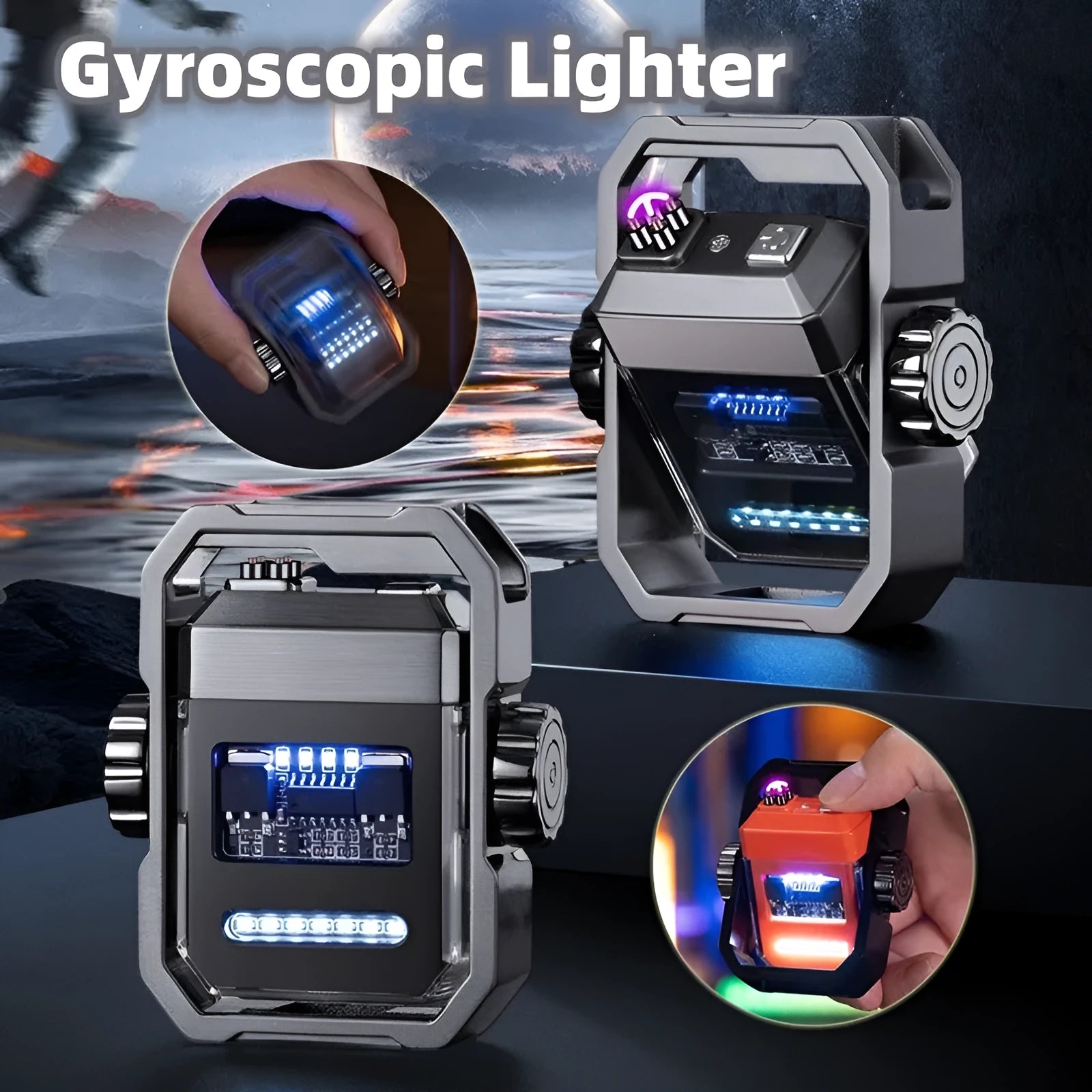 Pulse Lighter showing windproof double arc, USB-C port, and mechanical gyroscope in folded and open positions.