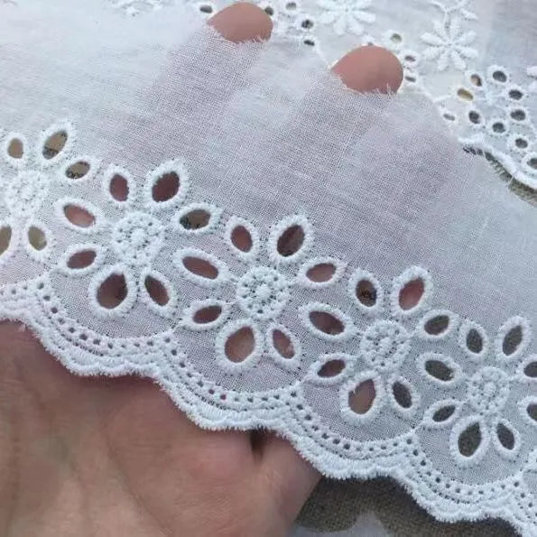 Cotton embroidered lace cutout trim roll showing four different width options for DIY clothing projects