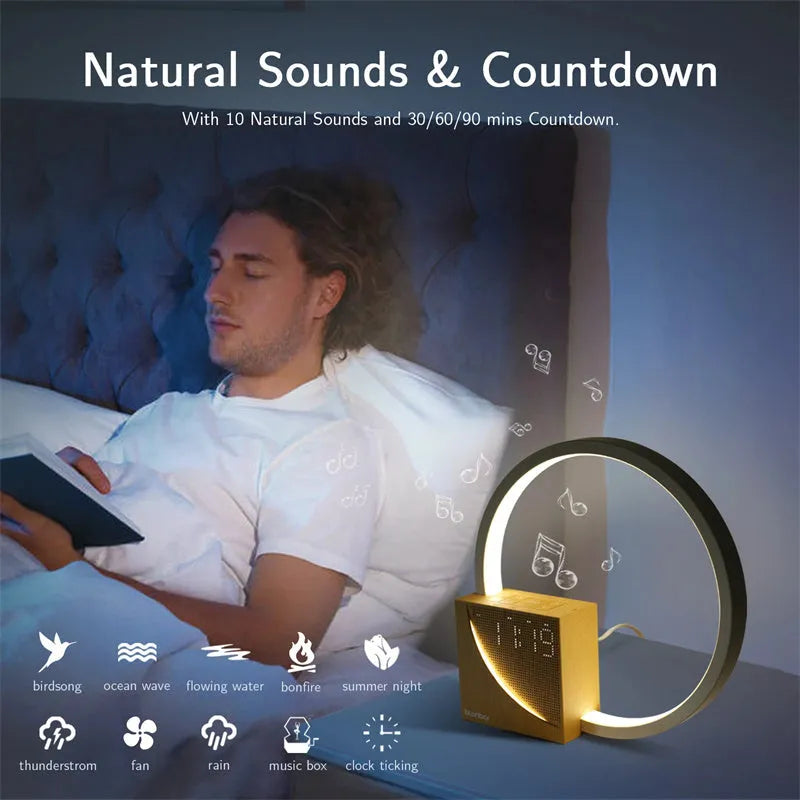 Touch control desk lamp with digital alarm clock display and natural sounds player in wooden finish