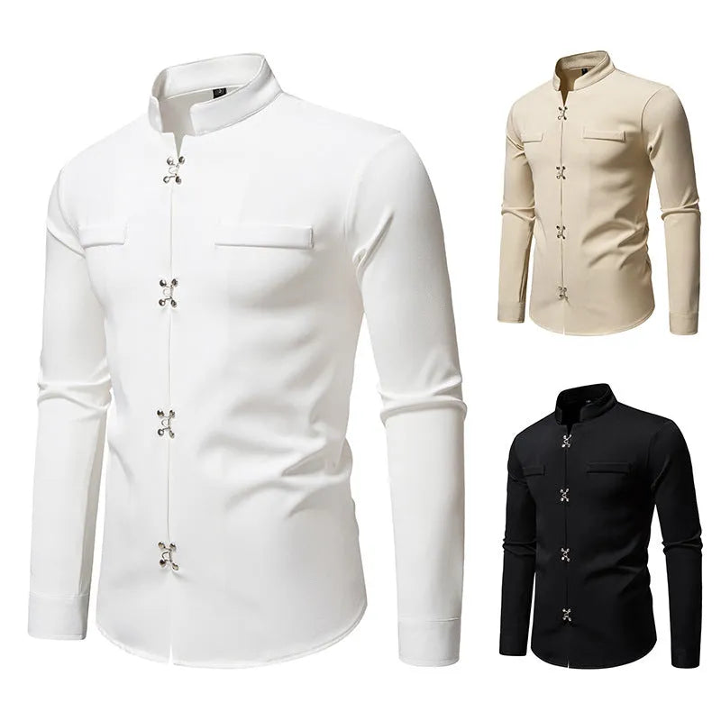 Men's long-sleeved polyester slim-fit cardigan-style casual shirt in white, black, and khaki, sizes S to 2XL