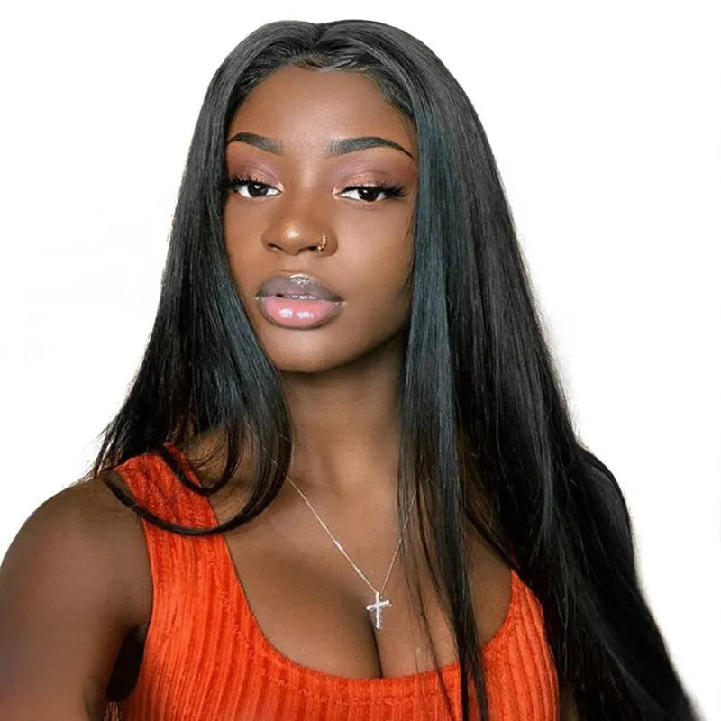Long black straight synthetic wig with a centre-parted fringe on a mannequin head.