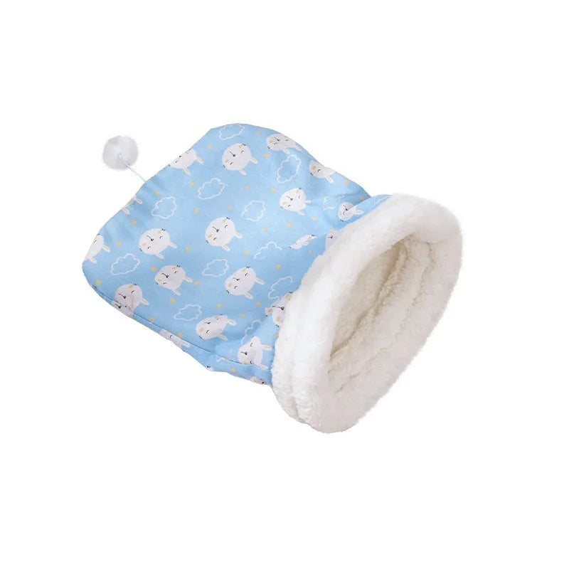 Soft flannel pet sleeping bag nest for cats, measuring 50 by 40 centimetres, in pink Trojan or blue rabbit design.