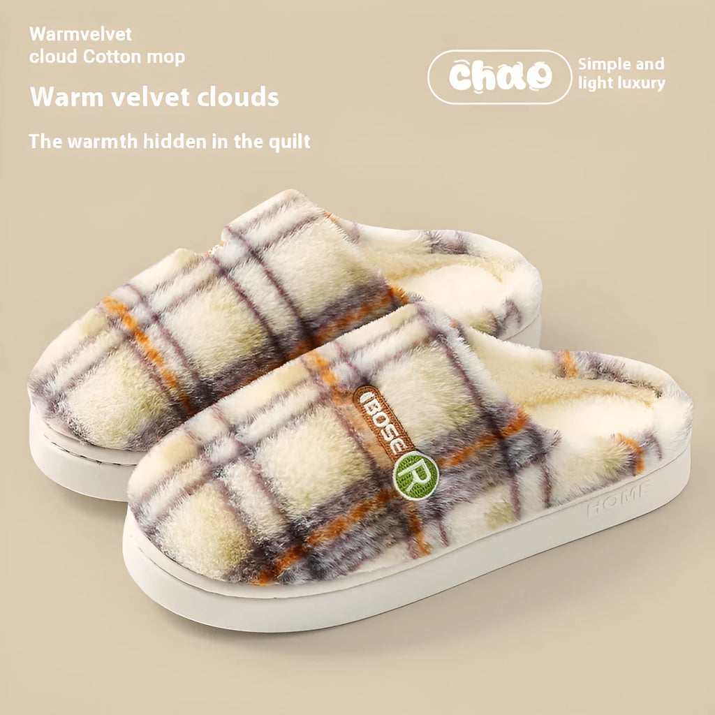 Plaid cotton slippers with non-slip PVC sole for indoor home use