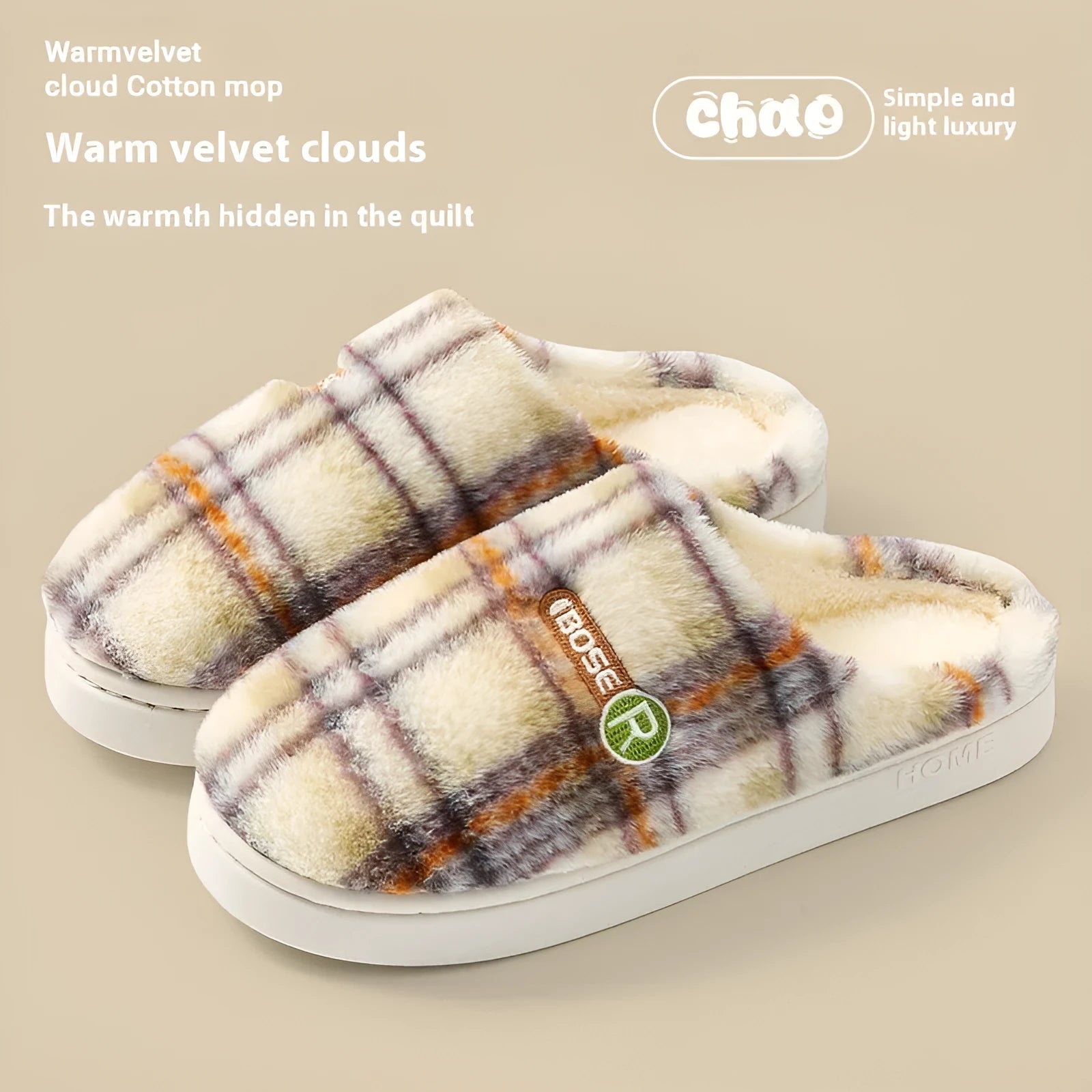 Plaid cotton slippers with non-slip PVC sole for indoor home use