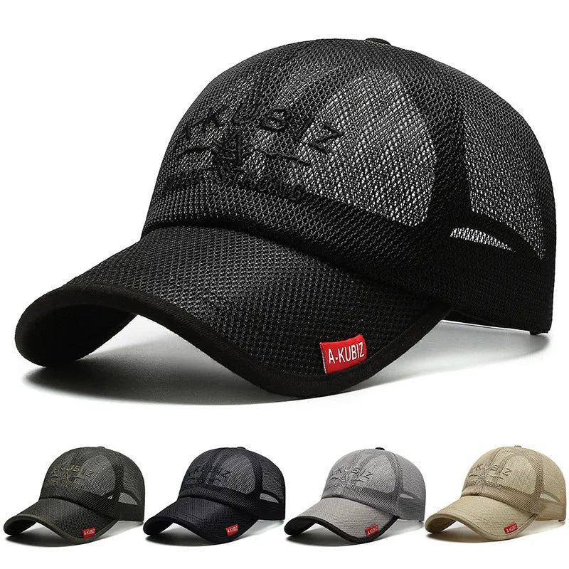 Men's adjustable mesh baseball cap in army green colour showing dome crown and adjustable strap