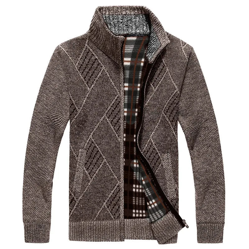 Men's thick cotton blend stand collar zipper cardigan sweater in light gray on model