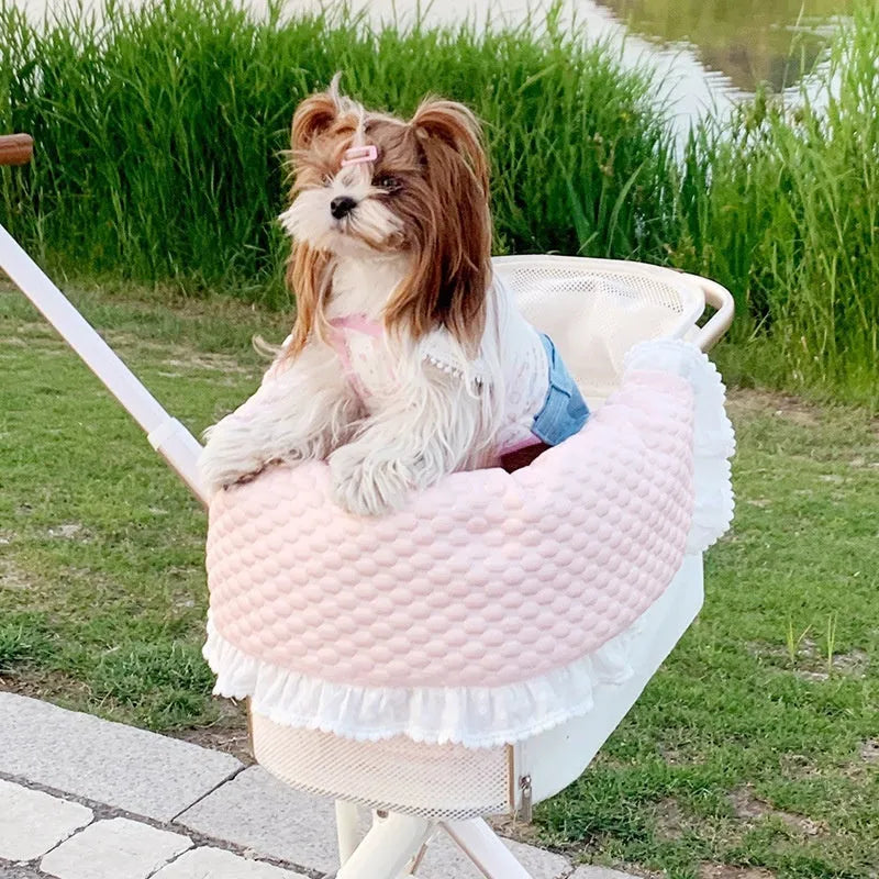 Cotton pet stroller set with anti-dirty towel, cushion, and pillow in a striped pattern.