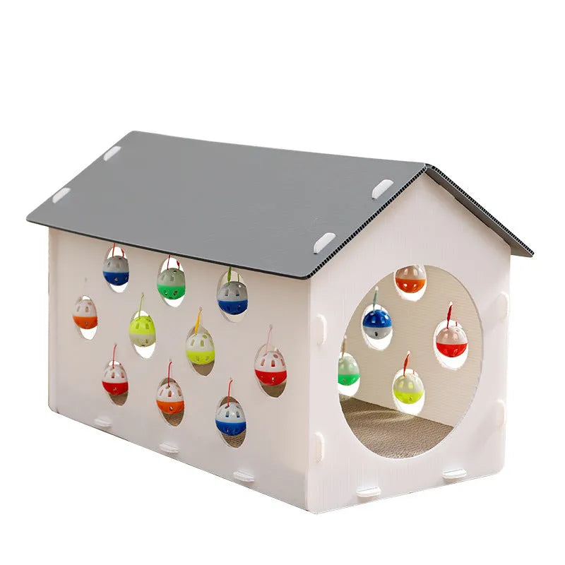 Plastic integrated cat scratch board, nest bed, and tunnel toy with a bell.