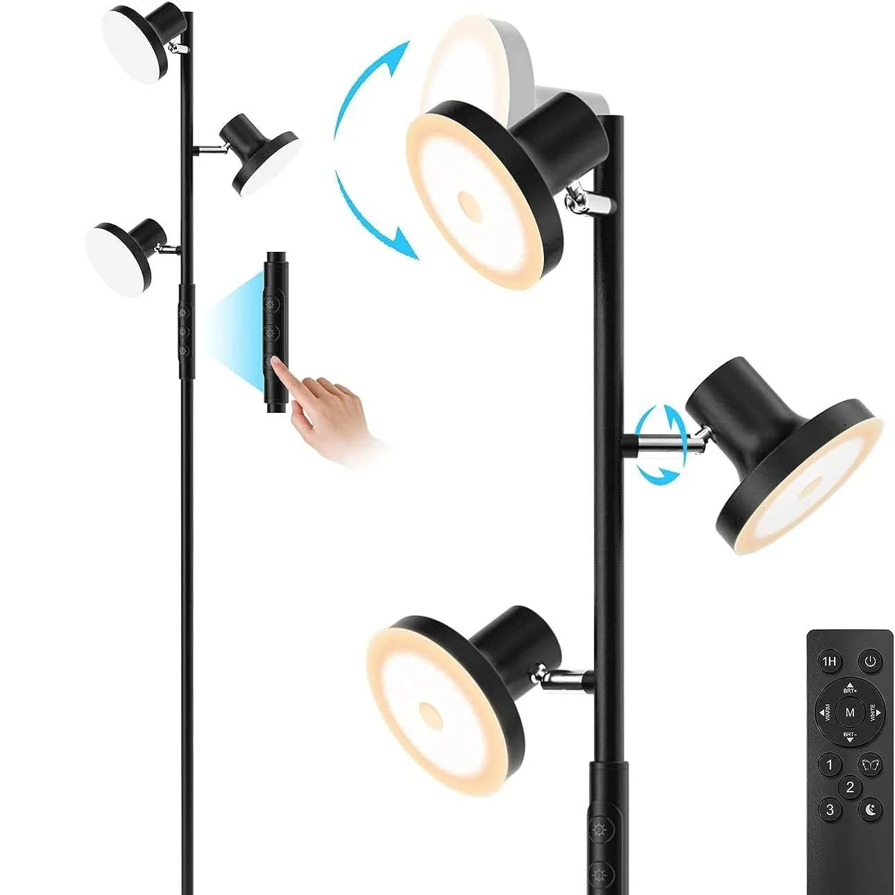 Adjustable metal floor lamp with remote control, 170cm tall, black finish, in a living room setting