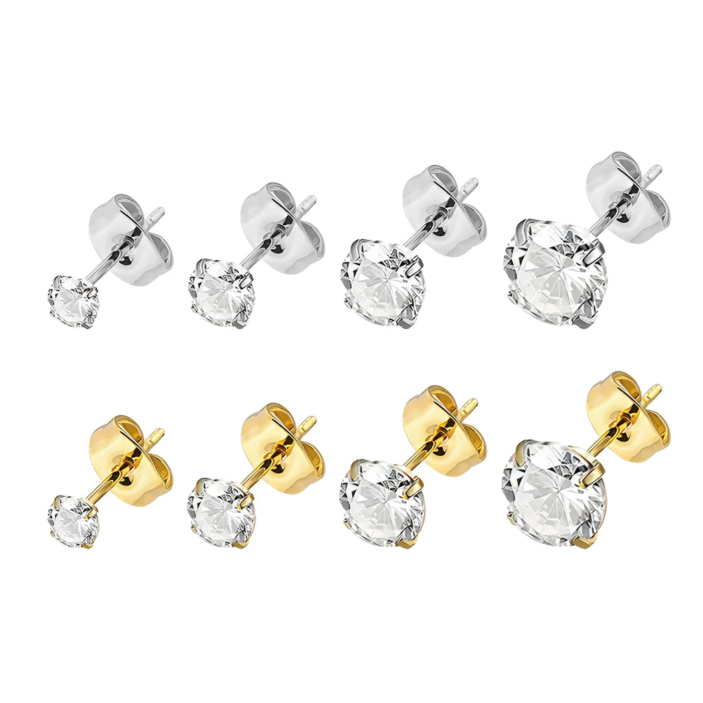Simple geometric zircon stud earrings in stainless steel with gold or steel colour finish, showing size range from 2mm to 8mm.