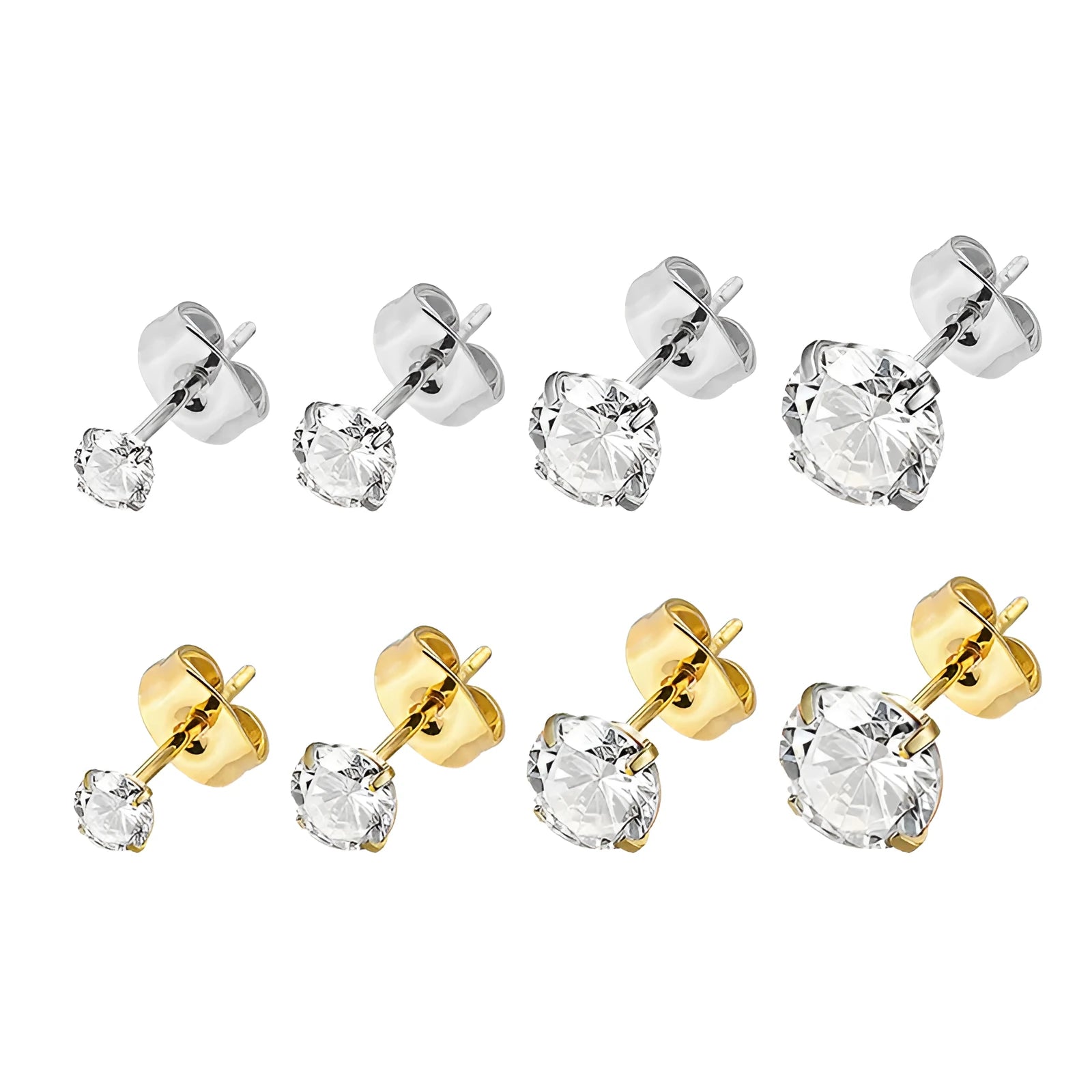 Simple geometric zircon stud earrings in stainless steel with gold or steel colour finish, showing size range from 2mm to 8mm.