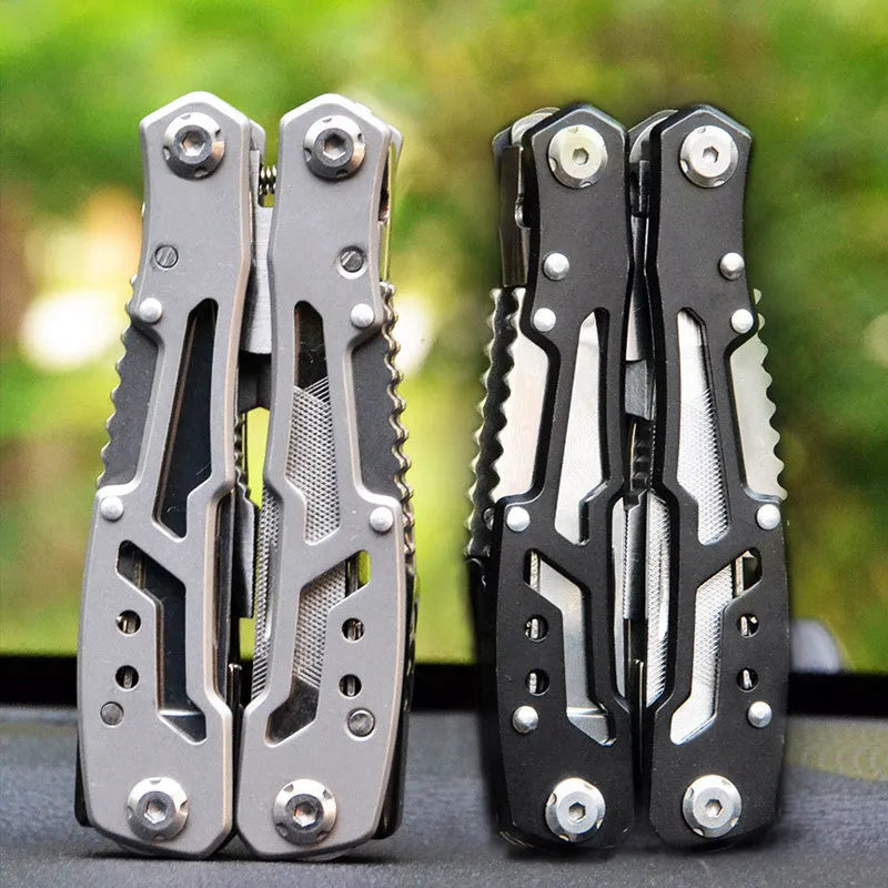 All steel multi-function pliers in black and silver grey with 14-in-one functions, 420 steel body, and 15.6cm developed length