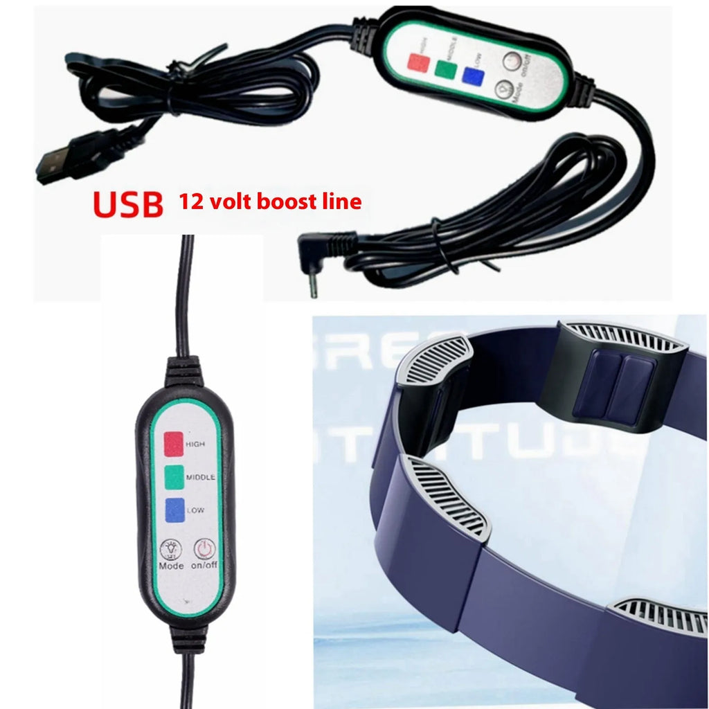 Black outdoor portable USB ring waist fan with five fans on a belt and 1.5m boost cable