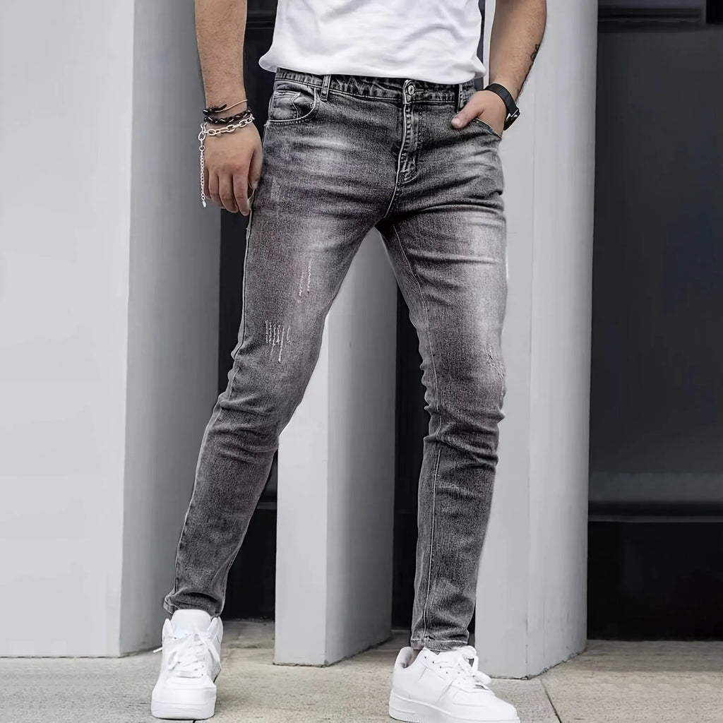 Men's straight leg stretch jeans in black, dark blue and grey solid colours with skinny fit