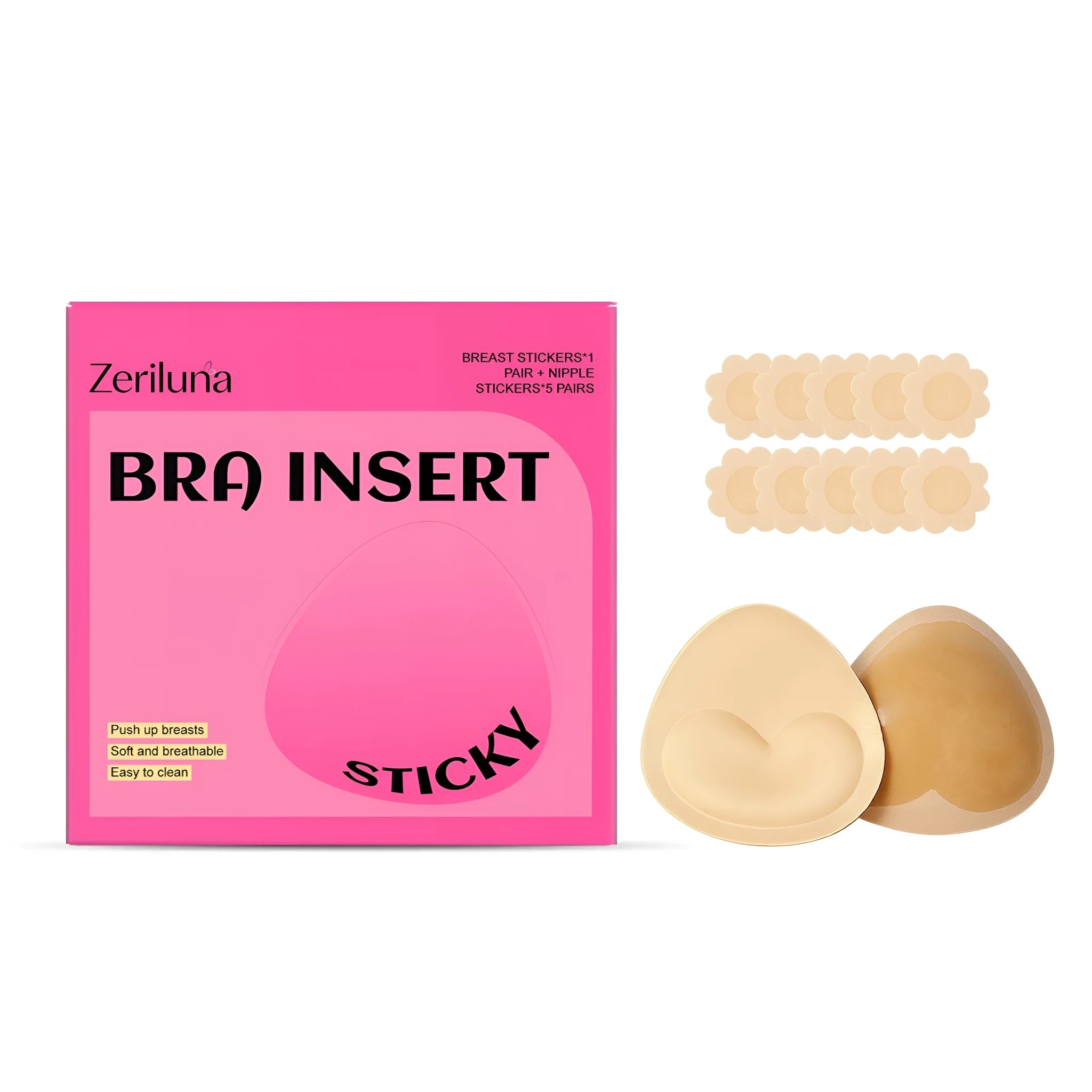 Self adhesive chest patch set with bra insert style and nipple patches on white background