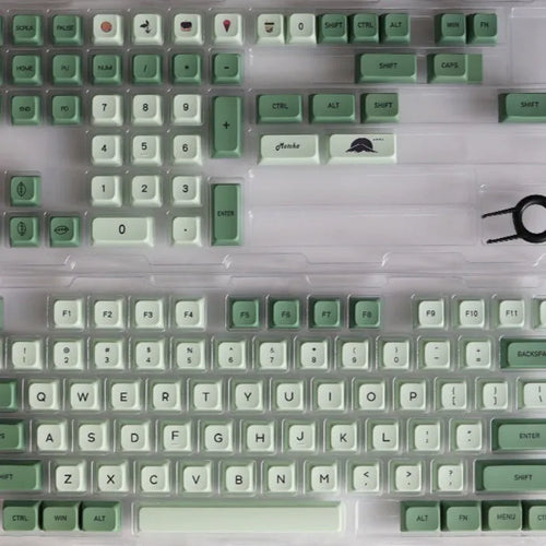 Set of 124 matcha green PBT keycaps with white legends for a mechanical keyboard