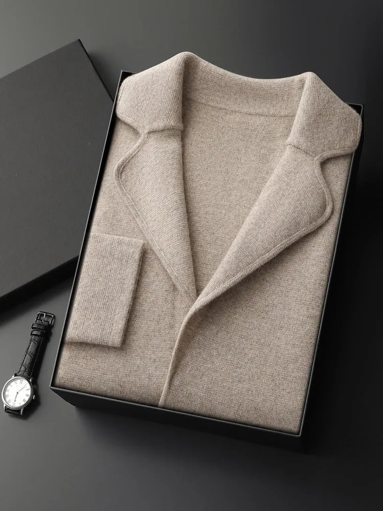 Men's cashmere lapel cardigan knitted jacket in light grey colour showing thickening construction