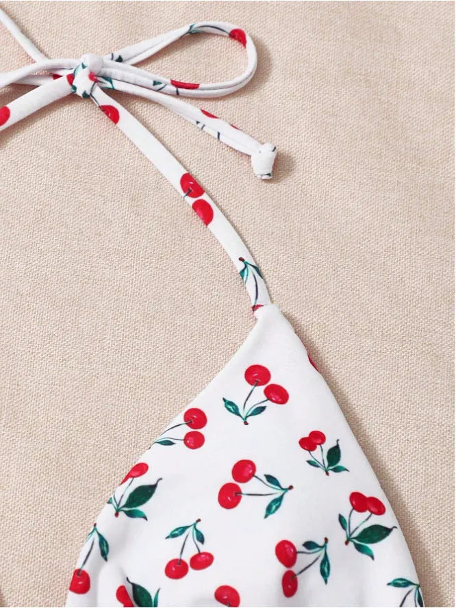 Holiday split halter bikini swimming costume with backless design and solid colour